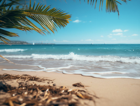Tropical sea beach mockup template and palm leaf background. Generated by AIの素材