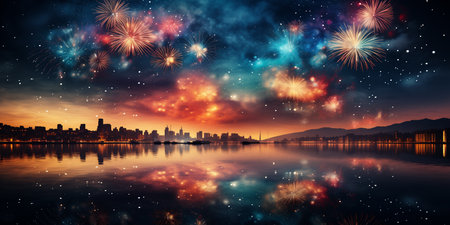 Fireworks over the river illustration. Generated by AIの素材