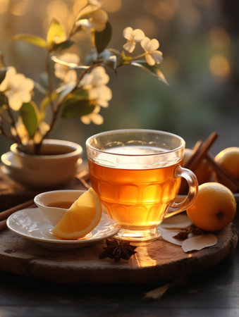 Warm cup of tea on autumn background. Beautiful autumn background. Generated by AIの素材