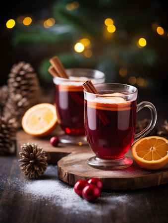 Christmas mulled red wine with aromatic spices and citrus fruits. Christmas background. Generated by AIの素材