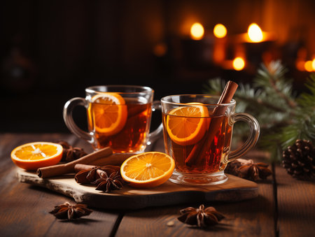 Christmas mulled red wine with aromatic spices and citrus fruits. Christmas background. Generated by AIの素材