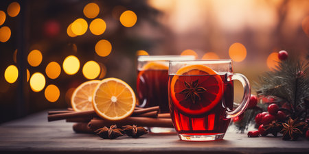 Christmas mulled red wine with aromatic spices and citrus fruits. Christmas background. Generated by AIの素材