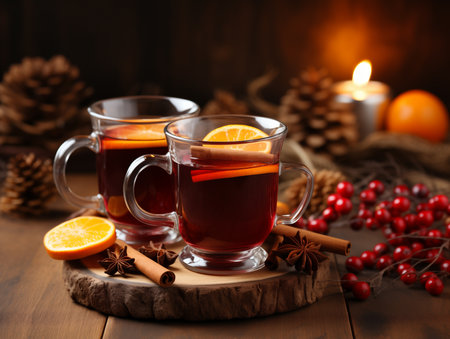 Christmas mulled red wine with aromatic spices and citrus fruits. Christmas background. Generated by AIの素材