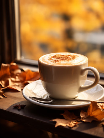 Warm cup of coffee on autumn background. Beautiful autumn background. Generated by AIの素材