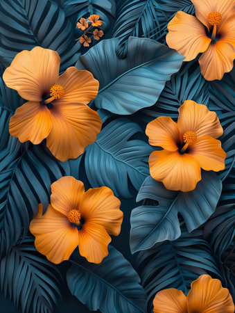 Seamless pattern with tropical leaves and hibiscus flowersの素材