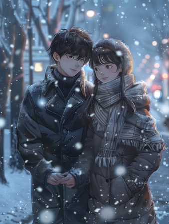 A shot of a young couple in the city at night under the snowの素材