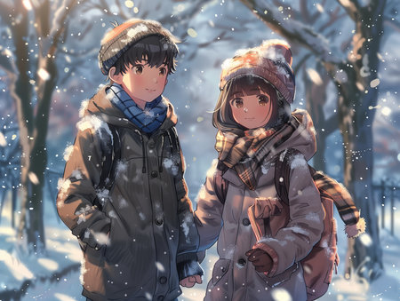 A boy and a girl walking in the snowy forest. Winter season.の素材