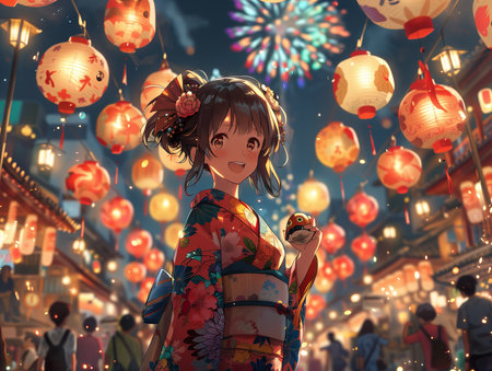 Japanese girl in kimono with lanterns and fireworks in the backgroundの素材