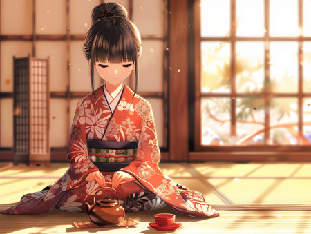 3D illustration of a Japanese girl in a kimono with a teapotの素材