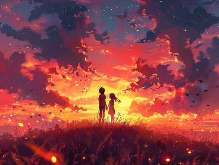 Girl and boy on the meadow at sunset. Conceptual illustration.の素材