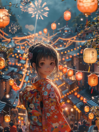 Japanese girl in kimono with lanterns and fireworks at nightの素材