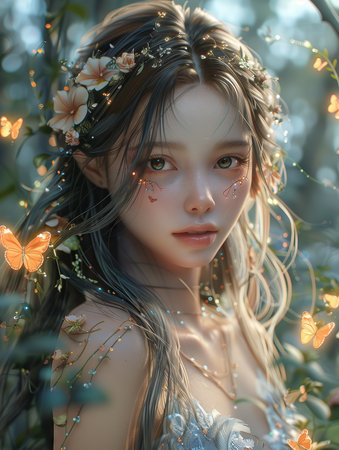 Portrait of a beautiful little girl in a blooming garden.の素材