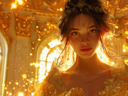Portrait of a beautiful girl in a golden dress with a crownの素材