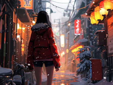 Girl in a red jacket on a city street in the snow.の素材