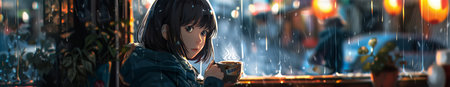 Beautiful girl drinking coffee on the street at night. Panoramaの素材