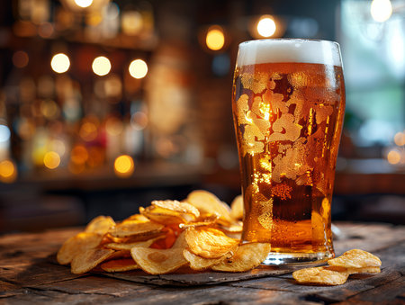 Glass of beer and chips on a wooden table in a pub.の素材