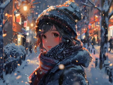 Portrait of a beautiful girl in a snowy winter city. 3D rendering.の素材