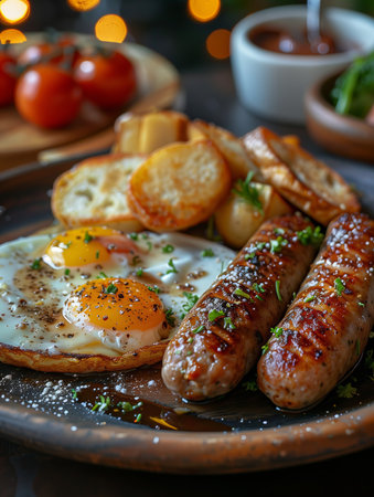 Grilled sausages with fried egg and baked potatoes on plateの素材