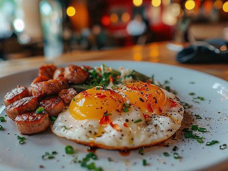 Fried eggs with grilled pork and fresh vegetables on white plate.の素材