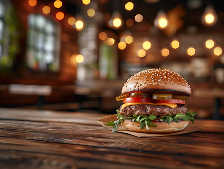 Delicious hamburger on wooden table in cafe, closeup viewの素材