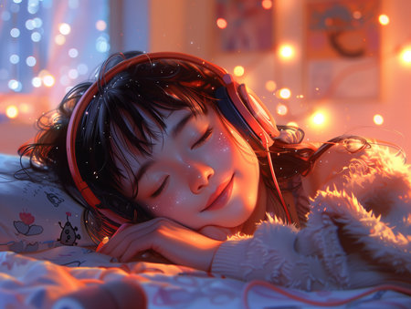 Portrait of a cute asian girl listening to music with headphones.の素材
