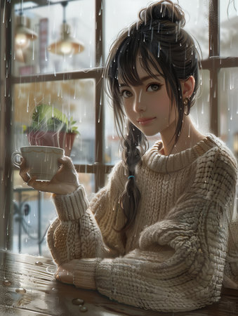 A girl in a white sweater with a cup of coffee in a cafeの素材