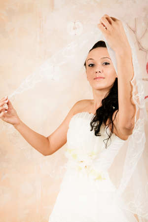 Beautiful shapely bride in an elegant wedding dress on a colored background. Wedding photography.の写真素材