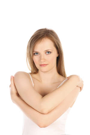 portrait of a beautiful girl in the white studioの写真素材