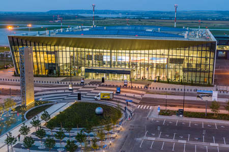 Saratov, Russia - August 20, 2019: Gagarin International Airport. Airport terminal with parking and runway.のeditorial素材