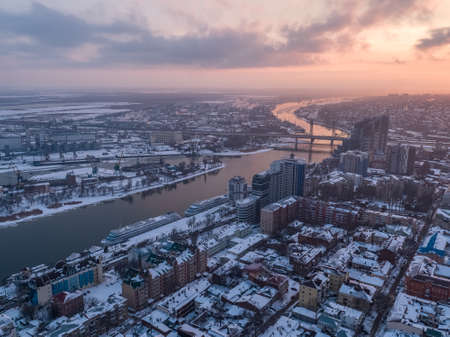 Rostov-on-Don, Russia - March 1, 2018: view from the heights - Don River, embankment and Left Bank at sunsetのeditorial素材