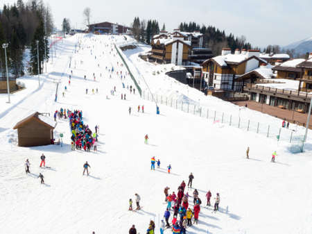 Sochi, Krasnaya Polyana, Russia - February 24, 2016: Gazprom mountain tourist center and ski resortのeditorial素材