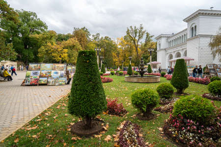Kislovodsk, Russia - September 2019: Resort Boulevard - exhibition and sale of paintings and...