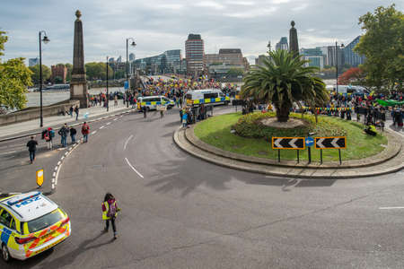 London, UK - October 7, 2019: Extinction Rebellion - Lambeth Bridge is blocked, aerial view