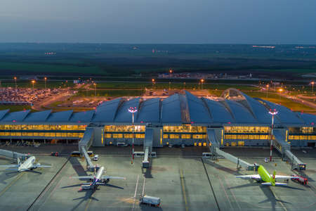 Rostov-on-Don, Russia - 2019: Platov Airport at night from aboveのeditorial素材