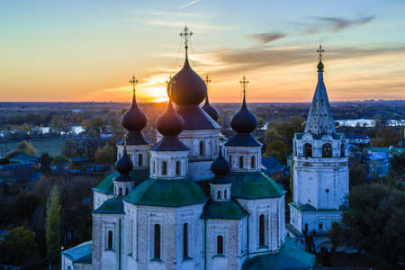 Starocherkassk, Russia - 2018: Cathedral at sunset from aboveのeditorial素材