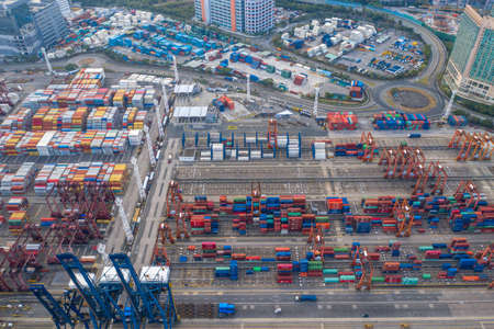 Hong Kong, China - 2020: Container Terminal from aboveのeditorial素材