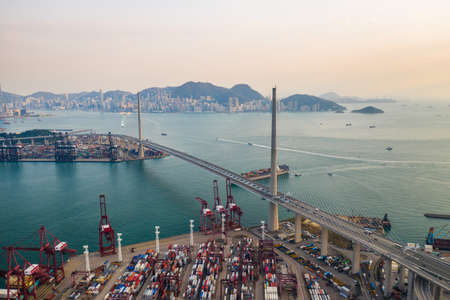 Hong Kong - 2020: Stonecutters Bridge and Container Terminal from aboveのeditorial素材