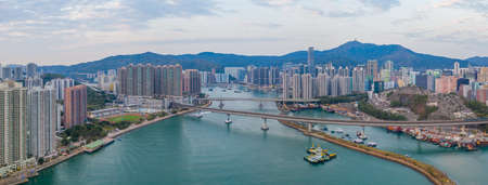 Hong Kong, China - 2020: Rambler Channel and bridges, panoramic view from aboveのeditorial素材