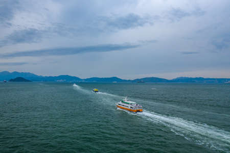 Big boat in the sea bay, beautiful turquoise water, aerial view