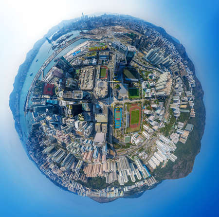 Hong Kong, China - 2020: little planet, Kowloon Bay district from aboveのeditorial素材