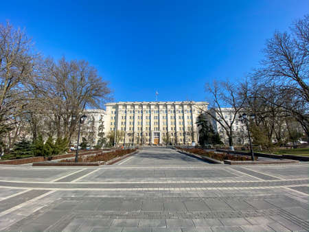 Rostov-on-Don, Russia - 2020: government building - Plenipotentiary of the President of the Russian Federation in the Southern Federal District, the empty Sovetov Square.のeditorial素材