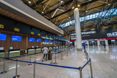 Moscow, Russia - 2020: Sheremetyevo International Airport, Terminal C, check-in counters.のeditorial素材