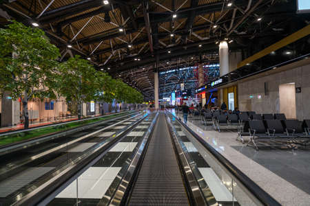 Moscow, Russia - 2020: Sheremetyevo International Airport, Terminal C. Travelator. The interior of...