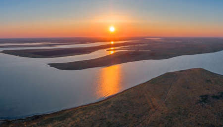Manych-Gudilo lake at sunset from above, beautiful landscapeの写真素材