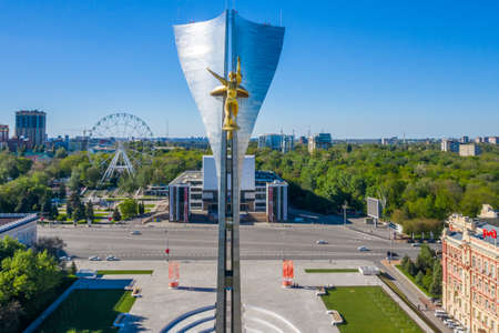 Rostov-on-Don, Russia - 2020: Theatre square, Stela to the liberators of Rostov, aerial view. Empty streets, spring day.のeditorial素材