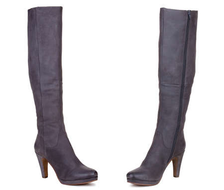 Classic grey brown suede leather high knee ankle heels warm winter comfort female woman women boots. Two isolatedの写真素材