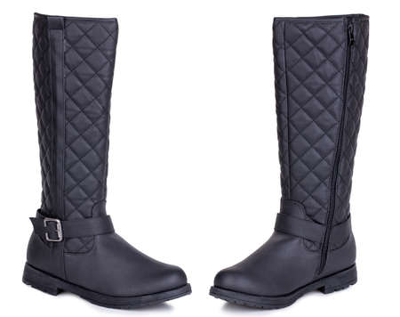 Classic black glossy leather high knee flat heels warm winter comfort female woman women boots. Two isolatedの写真素材