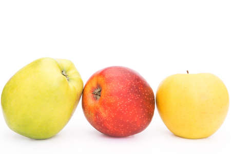 Fresh Green, Yellow and Red Apples with Dewdrops Isolated on White Backgroundの写真素材