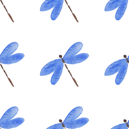 Watercolor dragonfly on a white background. Seamless patternの写真素材