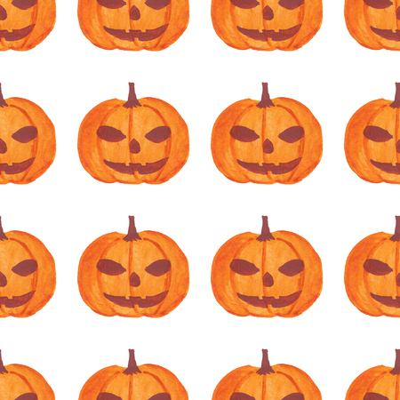 Watercolor halloween pumpkin on a white background. Seamless patternの写真素材